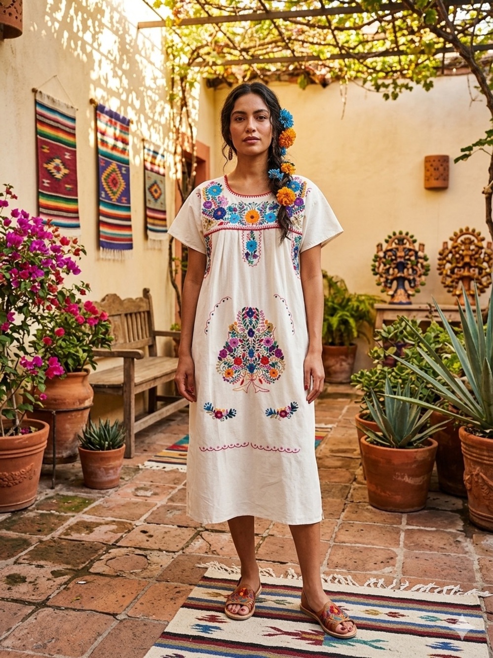 Source Unknown Cream Midi Dress with Colorful Floral Embroidery